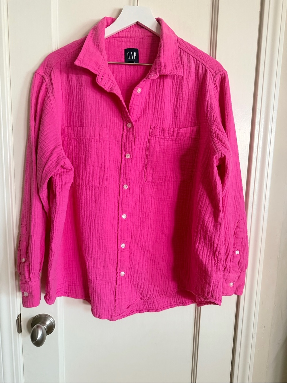 GAP Bright Pink Cotton Gauze Button-Down Shirt 100% Cotton Large - Picture 2 of 5